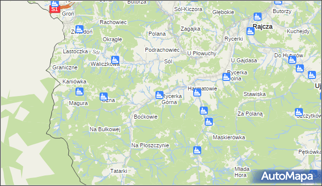 mapa Rycerka Górna, Rycerka Górna na mapie Targeo