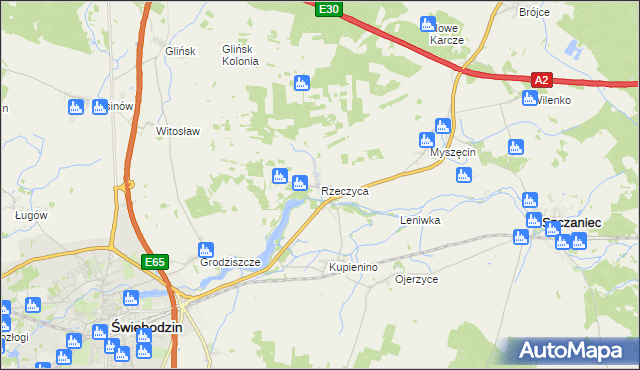 mapa Rzeczyca gmina Świebodzin, Rzeczyca gmina Świebodzin na mapie Targeo