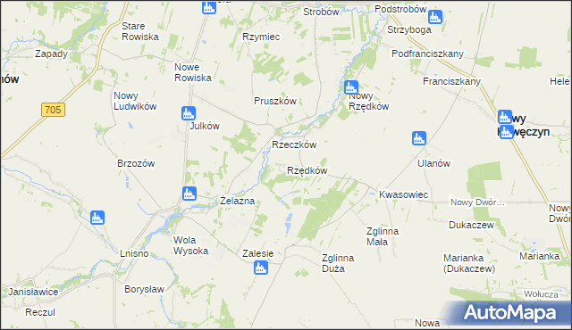 mapa Rzędków gmina Nowy Kawęczyn, Rzędków gmina Nowy Kawęczyn na mapie Targeo