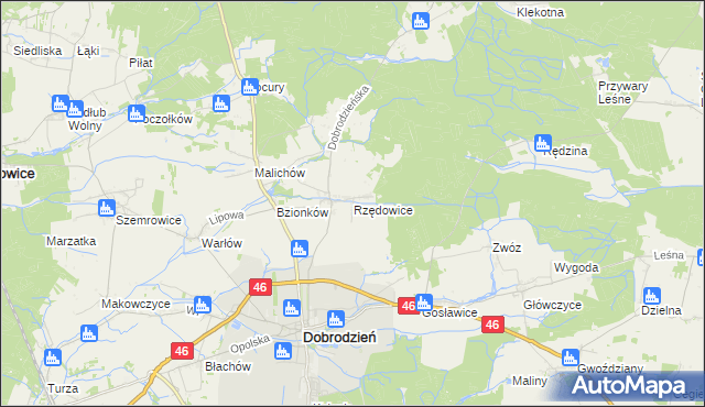 mapa Rzędowice gmina Dobrodzień, Rzędowice gmina Dobrodzień na mapie Targeo