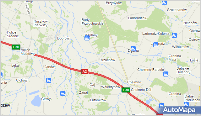 mapa Rzuchów gmina Dąbie, Rzuchów gmina Dąbie na mapie Targeo