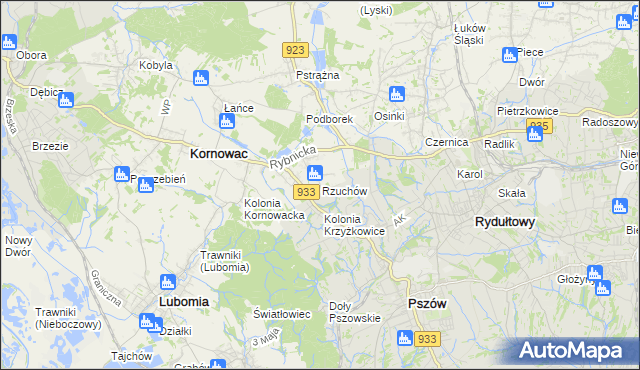 mapa Rzuchów gmina Kornowac, Rzuchów gmina Kornowac na mapie Targeo