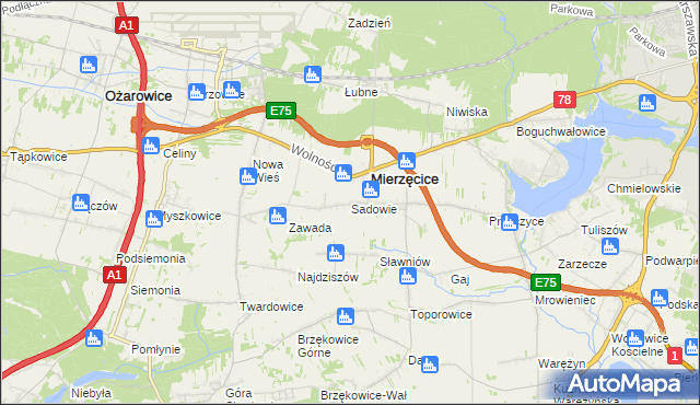 mapa Sadowie gmina Mierzęcice, Sadowie gmina Mierzęcice na mapie Targeo