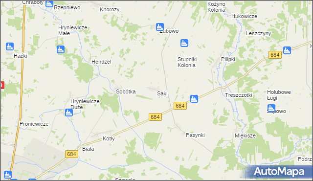 mapa Saki gmina Bielsk Podlaski, Saki gmina Bielsk Podlaski na mapie Targeo