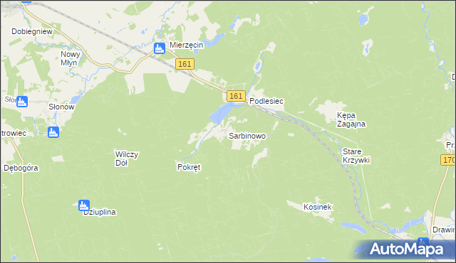 mapa Sarbinowo gmina Dobiegniew, Sarbinowo gmina Dobiegniew na mapie Targeo