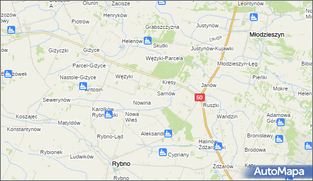 mapa Sarnów gmina Rybno, Sarnów gmina Rybno na mapie Targeo