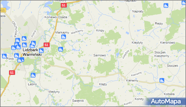 mapa Sarnowo gmina Lidzbark Warmiński, Sarnowo gmina Lidzbark Warmiński na mapie Targeo