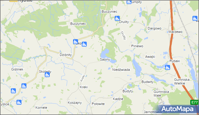 mapa Sasiny gmina Małdyty, Sasiny gmina Małdyty na mapie Targeo