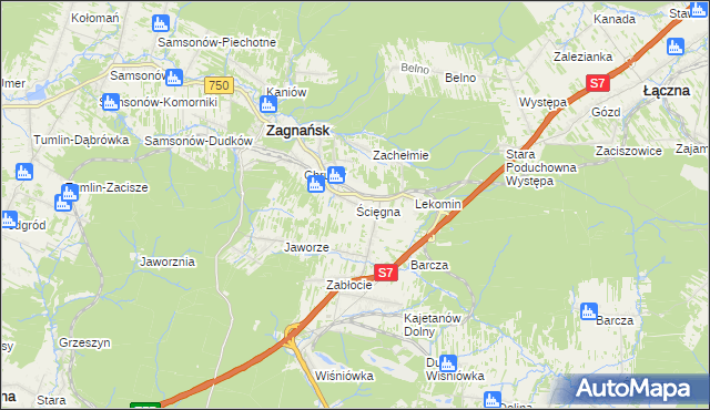 mapa Ścięgna gmina Zagnańsk, Ścięgna gmina Zagnańsk na mapie Targeo