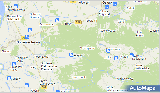 mapa Sewerynów gmina Sobienie-Jeziory, Sewerynów gmina Sobienie-Jeziory na mapie Targeo