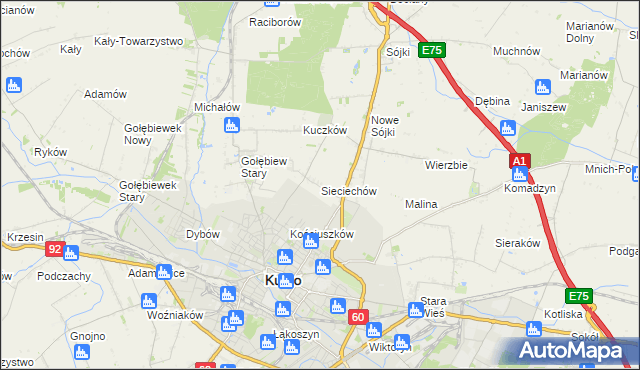 mapa Sieciechów gmina Kutno, Sieciechów gmina Kutno na mapie Targeo