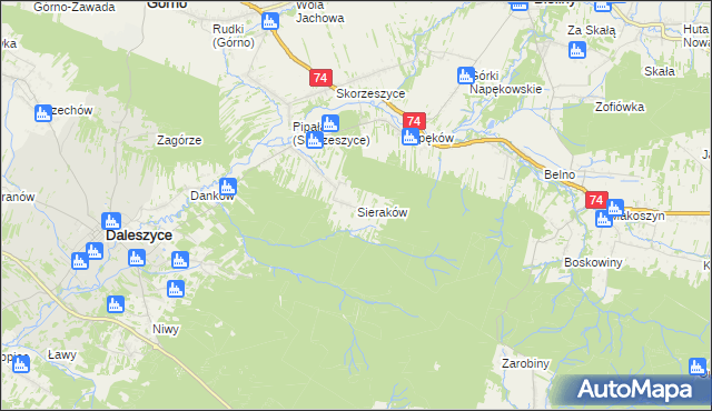 mapa Sieraków gmina Daleszyce, Sieraków gmina Daleszyce na mapie Targeo