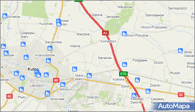 mapa Sieraków gmina Kutno, Sieraków gmina Kutno na mapie Targeo