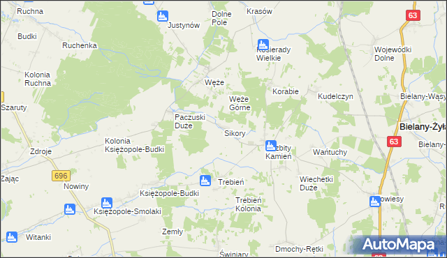 mapa Sikory gmina Bielany, Sikory gmina Bielany na mapie Targeo