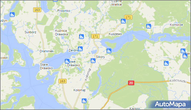 mapa Sikory gmina Czaplinek, Sikory gmina Czaplinek na mapie Targeo