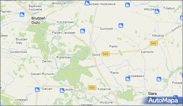 mapa Sikórz gmina Brudzeń Duży, Sikórz gmina Brudzeń Duży na mapie Targeo