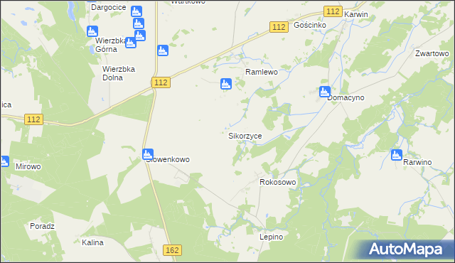 mapa Sikorzyce gmina Gościno, Sikorzyce gmina Gościno na mapie Targeo