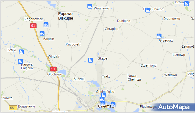mapa Skąpe gmina Chełmża, Skąpe gmina Chełmża na mapie Targeo