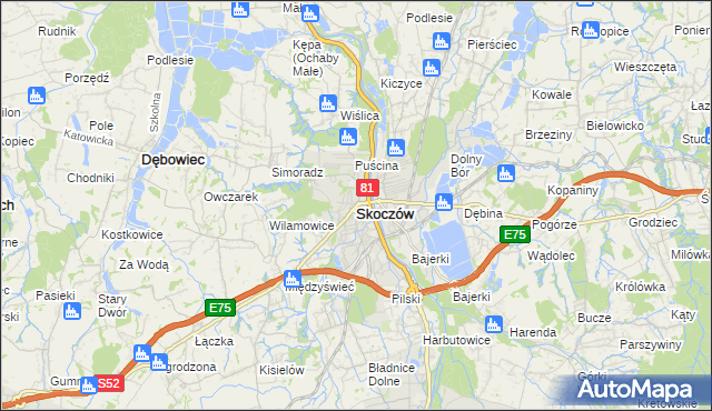 mapa Skoczów powiat cieszyński, Skoczów powiat cieszyński na mapie Targeo