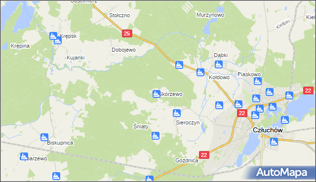 mapa Skórzewo gmina Człuchów, Skórzewo gmina Człuchów na mapie Targeo