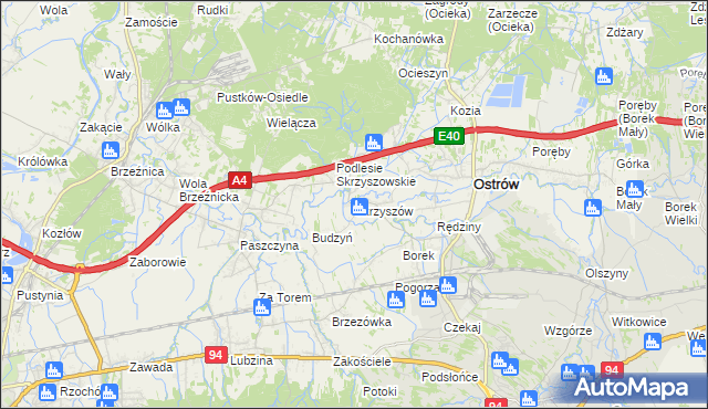 mapa Skrzyszów gmina Ostrów, Skrzyszów gmina Ostrów na mapie Targeo