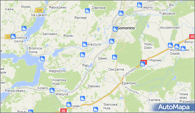 mapa Sławki gmina Somonino, Sławki gmina Somonino na mapie Targeo