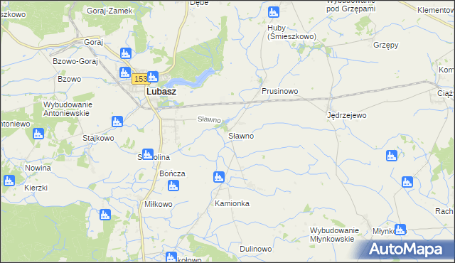 mapa Sławno gmina Lubasz, Sławno gmina Lubasz na mapie Targeo