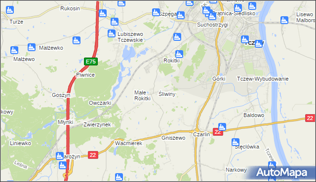 mapa Śliwiny gmina Tczew, Śliwiny gmina Tczew na mapie Targeo