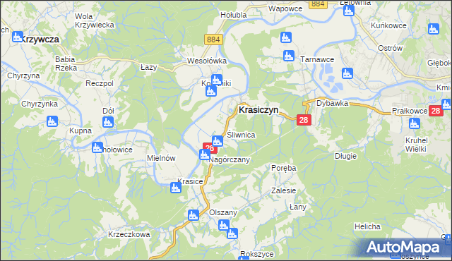 mapa Śliwnica gmina Krasiczyn, Śliwnica gmina Krasiczyn na mapie Targeo