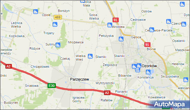 mapa Śliwniki gmina Parzęczew, Śliwniki gmina Parzęczew na mapie Targeo