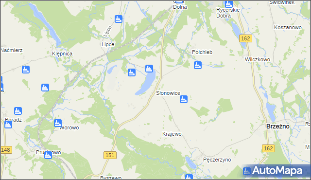 mapa Słonowice gmina Brzeżno, Słonowice gmina Brzeżno na mapie Targeo