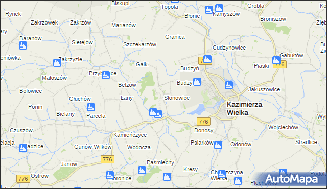 mapa Słonowice gmina Kazimierza Wielka, Słonowice gmina Kazimierza Wielka na mapie Targeo