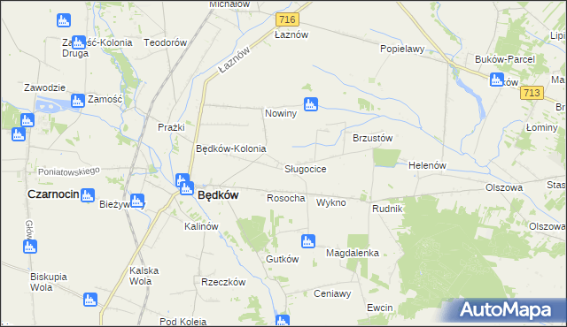 mapa Sługocice gmina Będków, Sługocice gmina Będków na mapie Targeo