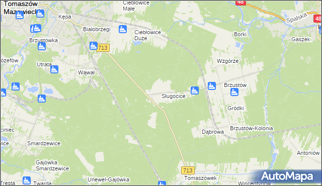 mapa Sługocice gmina Tomaszów Mazowiecki, Sługocice gmina Tomaszów Mazowiecki na mapie Targeo