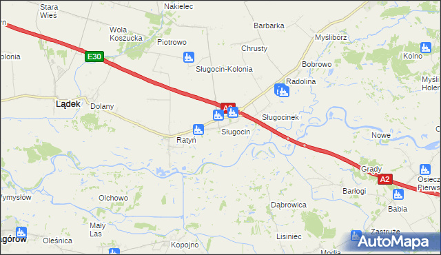 mapa Sługocin gmina Lądek, Sługocin gmina Lądek na mapie Targeo