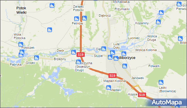 mapa Słupie gmina Modliborzyce, Słupie gmina Modliborzyce na mapie Targeo