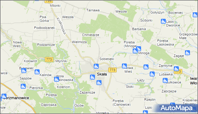 mapa Sobiesęki gmina Skała, Sobiesęki gmina Skała na mapie Targeo