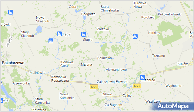 mapa Sokołowo gmina Bakałarzewo, Sokołowo gmina Bakałarzewo na mapie Targeo