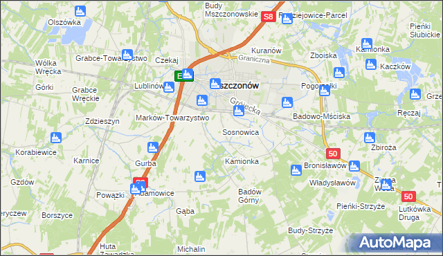 mapa Sosnowica gmina Mszczonów, Sosnowica gmina Mszczonów na mapie Targeo