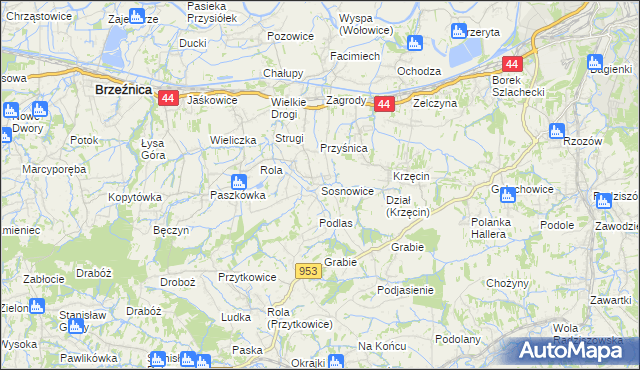 mapa Sosnowice gmina Brzeźnica, Sosnowice gmina Brzeźnica na mapie Targeo