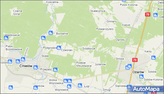 mapa Śródborze gmina Ożarów, Śródborze gmina Ożarów na mapie Targeo