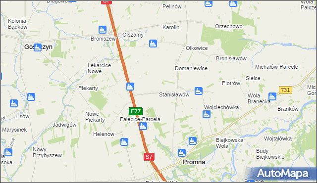 mapa Stanisławów gmina Promna, Stanisławów gmina Promna na mapie Targeo