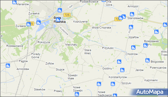 mapa Stara Wieś gmina Biała Rawska, Stara Wieś gmina Biała Rawska na mapie Targeo