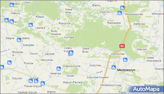 mapa Stare Budy gmina Młodzieszyn, Stare Budy gmina Młodzieszyn na mapie Targeo