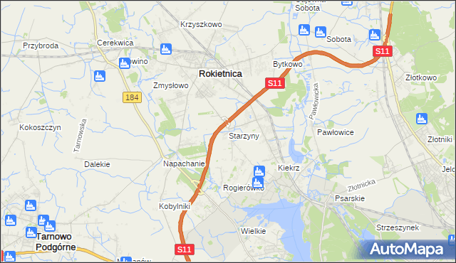 mapa Starzyny gmina Rokietnica, Starzyny gmina Rokietnica na mapie Targeo