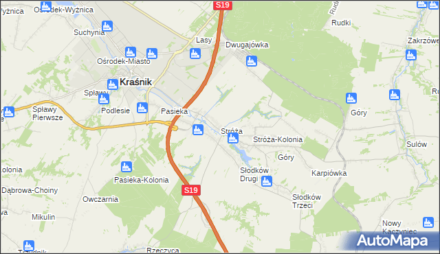 mapa Stróża gmina Kraśnik, Stróża gmina Kraśnik na mapie Targeo