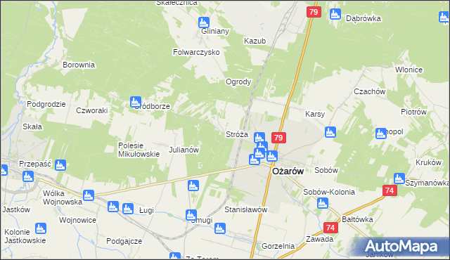 mapa Stróża gmina Ożarów, Stróża gmina Ożarów na mapie Targeo