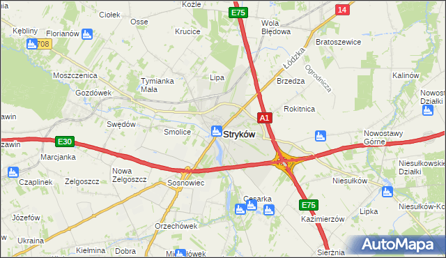 mapa Stryków powiat zgierski, Stryków powiat zgierski na mapie Targeo