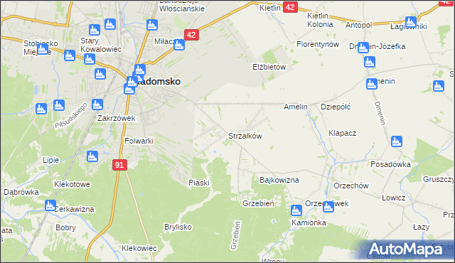 mapa Strzałków gmina Radomsko, Strzałków gmina Radomsko na mapie Targeo