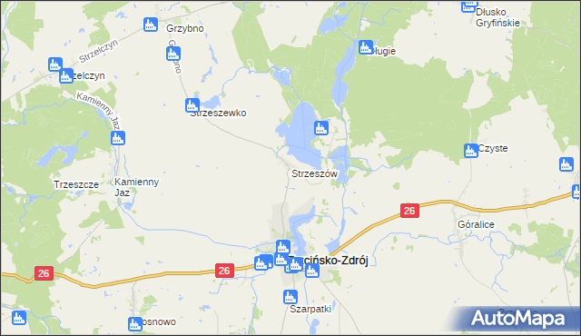 mapa Strzeszów gmina Trzcińsko-Zdrój, Strzeszów gmina Trzcińsko-Zdrój na mapie Targeo